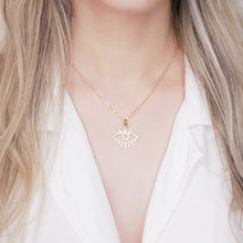 Load image into Gallery viewer, 24k gold plated evil eye statement chain charm pendant necklace on blonde woman neck neckline
