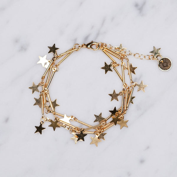 24k gold plated starburst star chain bracelet 3 layers lobster clasp