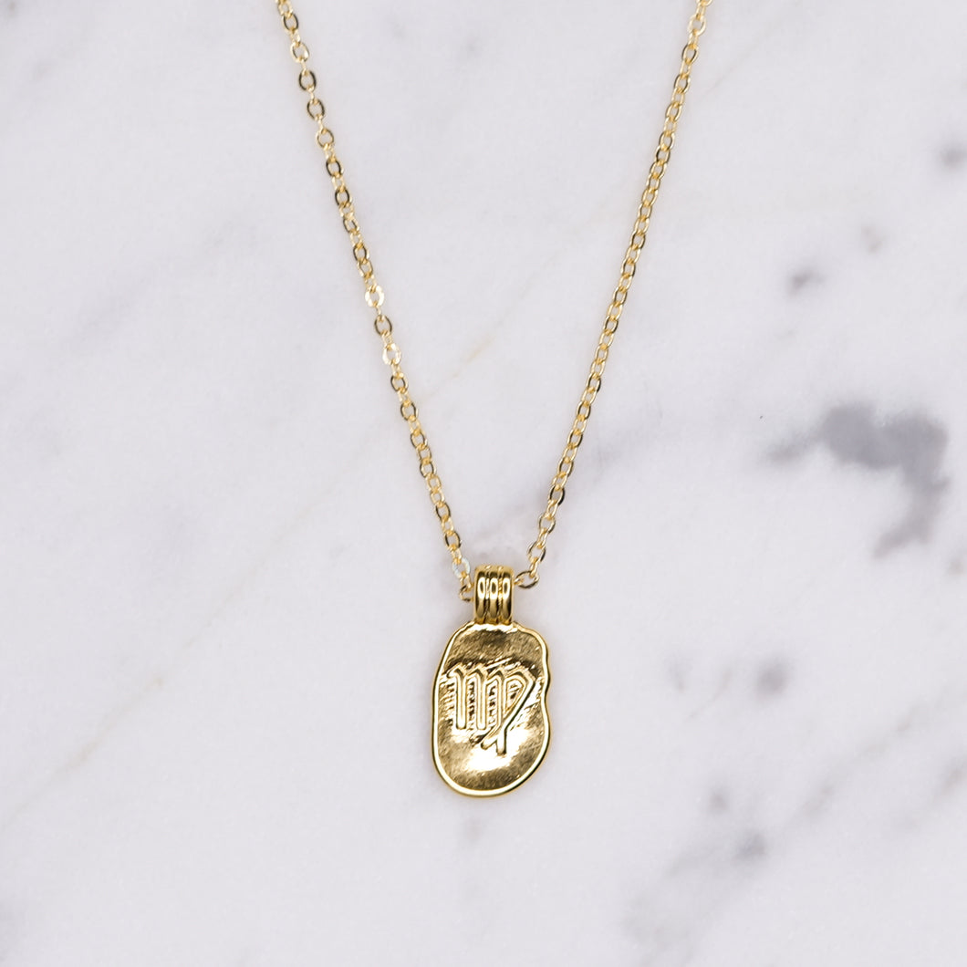 24k gold plated zodiac sign virgo star sign starsign pendant engraved embossed chain necklace on marble