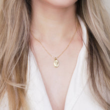 Load image into Gallery viewer, 24k gold plated zodiac sign virgo star sign starsign pendant engraved embossed chain necklace on marble on blonde girls neck
