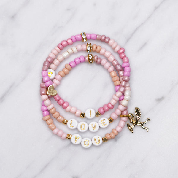 24k gold plated painted bead elastic stretchy bracelets multicolour pink shades 'i love you' cupid charm heart plastic gold heart rondelle 3 bracelets