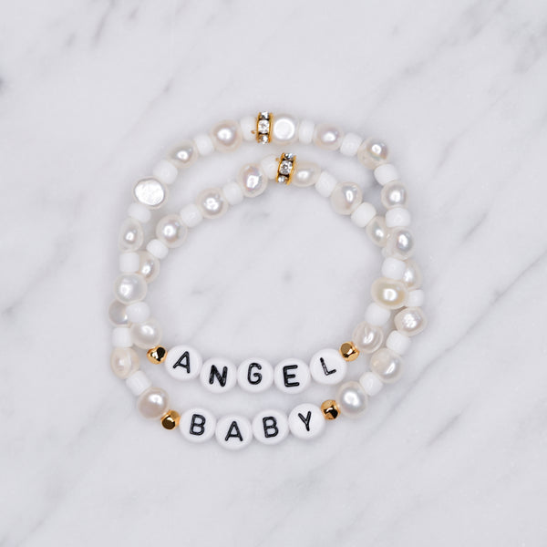 freshwater pearl and glass bead white stretch elastic bracelets 24k gold plated rondelle sparkle angel baby acrylic black letter beads on marble