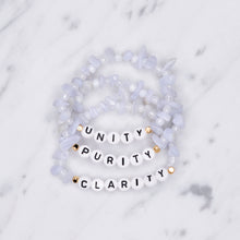 Load image into Gallery viewer, 24k gold plated blue lace agate natural stone healing bracelet gold plated personalised affirmation custom healing bracelet gold plated word phrase chip beads on marble
