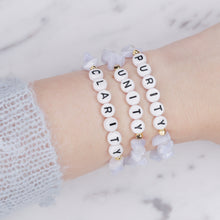 Load image into Gallery viewer, 24k gold plated blue lace agate natural stone healing bracelet gold plated personalised affirmation custom healing bracelet gold plated word phrase chip beads on marble on wrist
