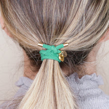 Load image into Gallery viewer, charm hair bands hair ties various colours enamel gold heart with tag on jewellery green on blonde long hair balayage highlights girl
