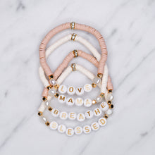 Load image into Gallery viewer, clay heishi bead gold plated personalised bracelets pink white gold letters pearls elastic bracelet salmon pink plastic
