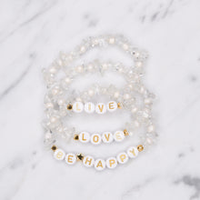 Load image into Gallery viewer, 24k gold plated clear crystal quartz natural precious stone healing stone gold plated bracelet pearl shimmer gold letter beads word on marble
