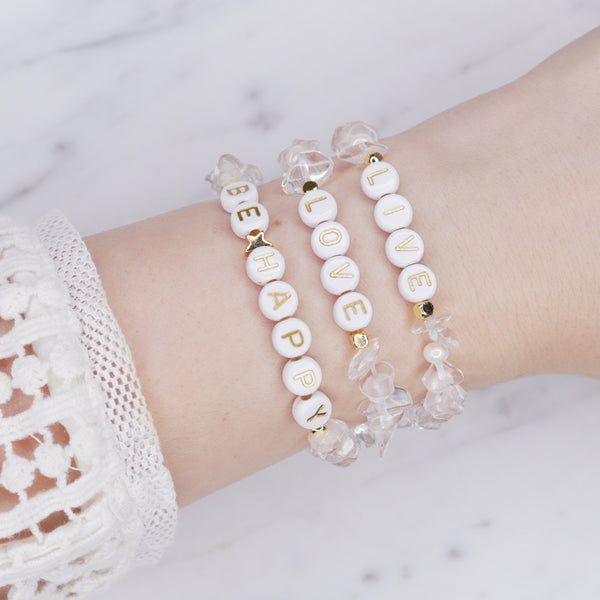 24k gold plated clear crystal quartz natural precious stone healing stone gold plated bracelet pearl shimmer gold letter beads word on marble on wrist lacy top