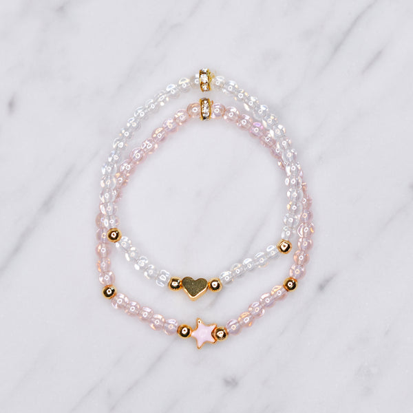 pink tinted and clear iridescent glass beaded bracelets 24K gold plated heart bead star pink enamel bead gold crystal rondelles