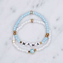 Load image into Gallery viewer, 24k gold plated enamel evil eye blue painted beaded stretchy elastic bracelets mama black letters word customis personalised rondelle gold star
