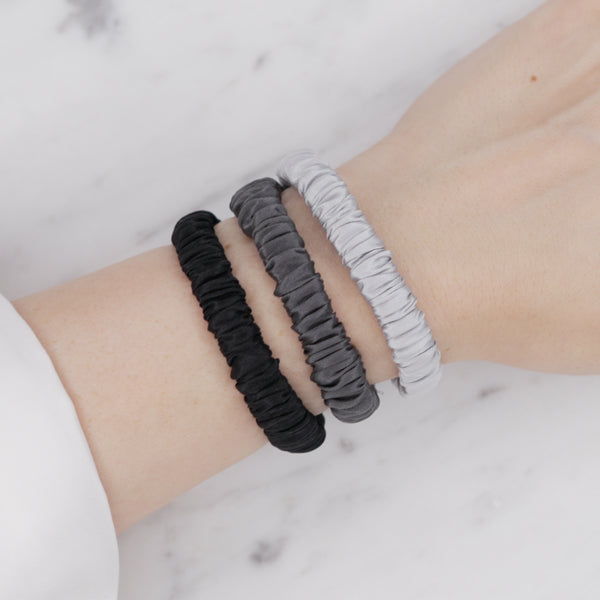 black dark grey monochrome ink grey cool silver trio three set mulberry silk soft hair tie hair band stretchy and kind to your hair on wrist
