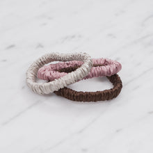 Load image into Gallery viewer, ice cream Neapolitan chocolate brown dusty pink grey warm silver trio three set mulberry silk soft hair tie hair band stretchy and kind to your hair on marble
