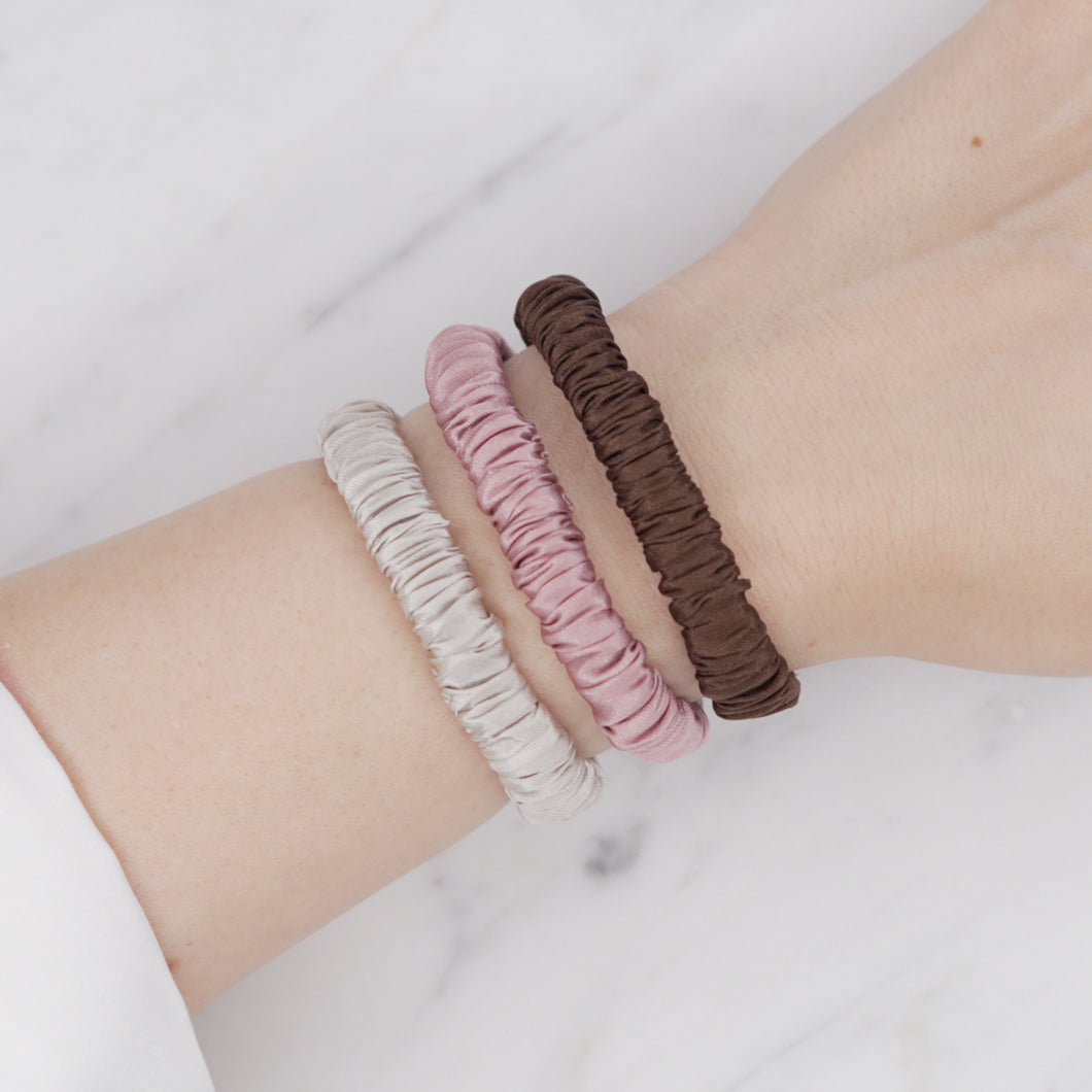 ice cream Neapolitan chocolate brown dusty pink grey warm silver trio three set mulberry silk soft hair tie hair band stretchy and kind to your hair on wrist