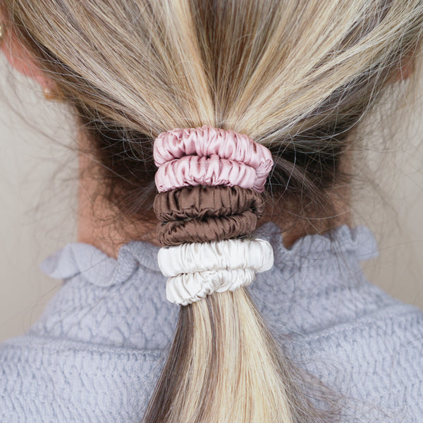 ice cream Neapolitan chocolate brown dusty pink grey warm silver trio three set mulberry silk soft hair tie hair band stretchy and kind to your hair on blonde girl balayage ombre hair