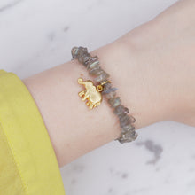 Load image into Gallery viewer, Natural labradorite 24k matte gold plated elephant charm chain fasten lobster clasp bracelet womens jewellery gift healing stones precious stone healing properties on wrist yellow shirt
