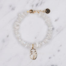 Load image into Gallery viewer, natural rainbow moonstone precious stone with healing properties bracelet fasten chain lobster clap face visage charm 24k gold plated jewellery gifts for women presents on marble
