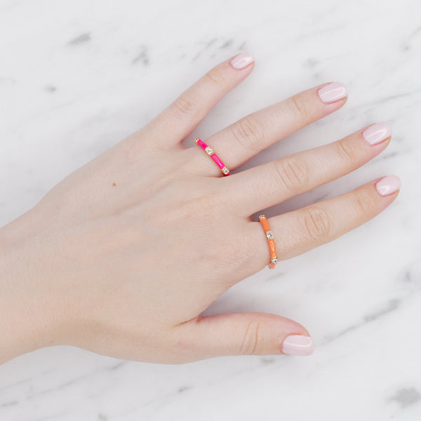 neon orange pink enamel cubic zirconia stacking rings thin bands great gifts for women on fingers