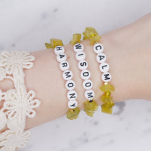 Load image into Gallery viewer, 24K gold plated olive jade green natural precious stone healing stone gold plated bracelet pearl shimmer black letter beads word on wrist
