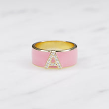 Load image into Gallery viewer, baby pink enamel cubic zirconia ring gold initial letter a-z on marble
