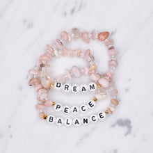 Load image into Gallery viewer, 24k gold plated pink Peruvian opal natural stone healing bracelet gold plated personalised affirmation custom healing bracelet gold plated word phrase chip beads on marble
