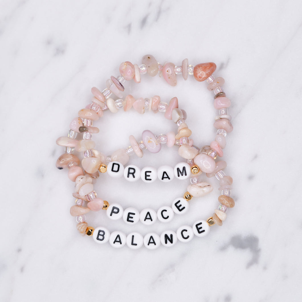 24k gold plated pink Peruvian opal natural stone healing bracelet gold plated personalised affirmation custom healing bracelet gold plated word phrase chip beads on marble