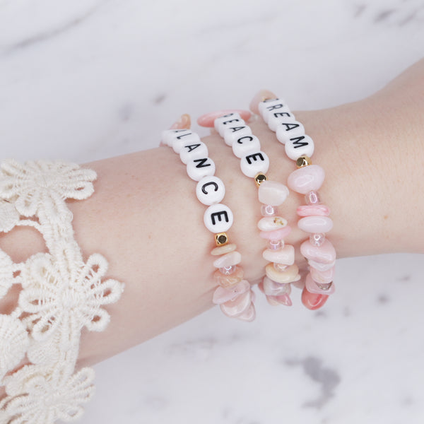 24k gold plated pink Peruvian opal natural stone healing bracelet gold plated personalised affirmation custom healing bracelet gold plated word phrase chip beads on wrist