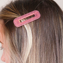 Load image into Gallery viewer, pink glitter pearlised resin hair barrette clips 3 different shapes hair slides in blonde girls hair
