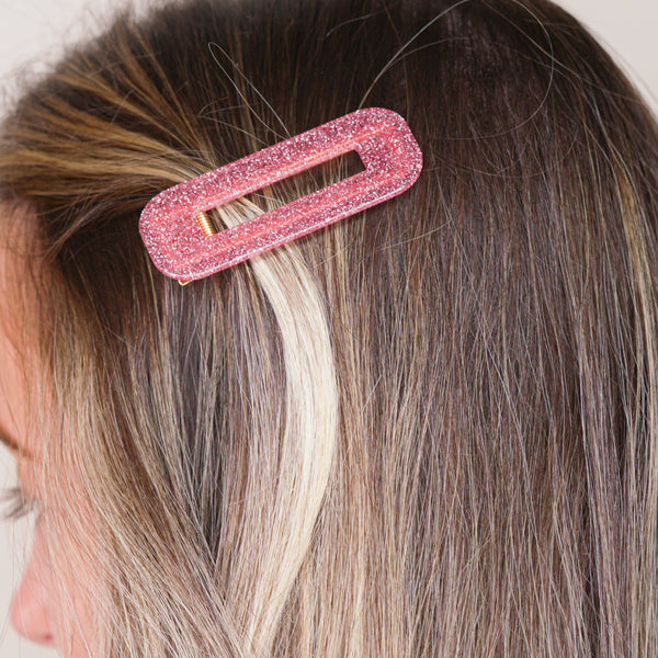 pink glitter pearlised resin hair barrette clips 3 different shapes hair slides in blonde girls hair