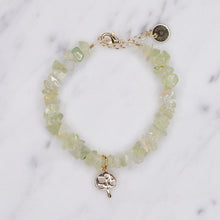 Load image into Gallery viewer, Prehnite green precious stone chain bracelet healing properties tree of life charm gold plated charm lobster clasp on marble 
