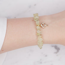 Load image into Gallery viewer, Prehnite green precious stone chain bracelet healing properties tree of life charm gold plated charm lobster clasp on wrist
