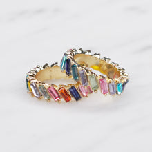 Load image into Gallery viewer, blue tones red tones multicolour rainbow colourful eternity ring baguette slanted rectangle cubic zirconia micro pave crystal shiny rings 2 on marble

