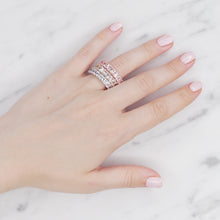 Load image into Gallery viewer, silver gold rose gold eternity ring baguette rectangle cubic zirconia micro pave crystal shiny rings three stacked on hand ring finger
