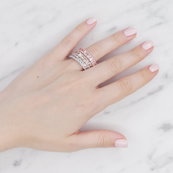 silver gold rose gold eternity ring baguette rectangle cubic zirconia micro pave crystal shiny rings three stacked on hand ring finger