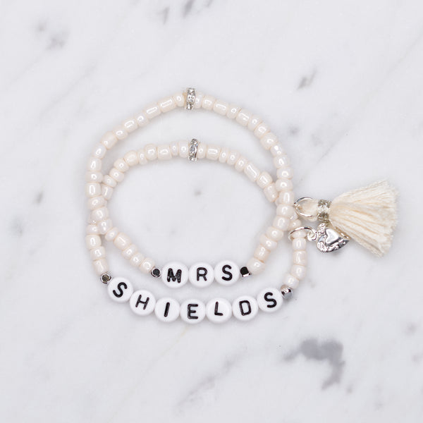 sparkling white shimmer painted bead pearlised bracelets mrs wife wedding style cream tassel and puffy heart charms sparkling rondelle silver beads acrylic black letter beads on marble