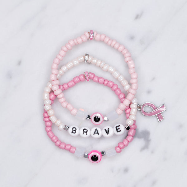 breast cancer awareness bracelets pink ribbon bright pink light pink rondelle sparkle painted glass bead elastic bracelets stretchy brave breast cancer survivor opal resin silver plated acrylic beads on marble