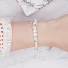 Load image into Gallery viewer, wife wedding bracelet white shimmer platinum plated charms silver plated beads rondelle sparkly painted beaded stretch elastic bracelet on wrist

