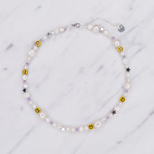 Load image into Gallery viewer, yellow smiley face freshwater pearls different sizes smiley dude sterling silver star Swarovski crystal purple necklace affordable womens jewellery gifts
