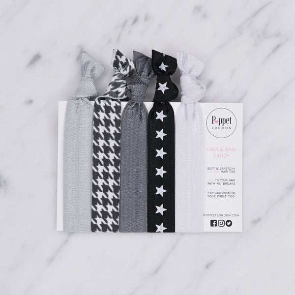 starlight dark grey light grey silver black white dog tooth houndstooth pattern white stars on black no break no kink super stretchy soft ribbon hair bands hair ties on marble