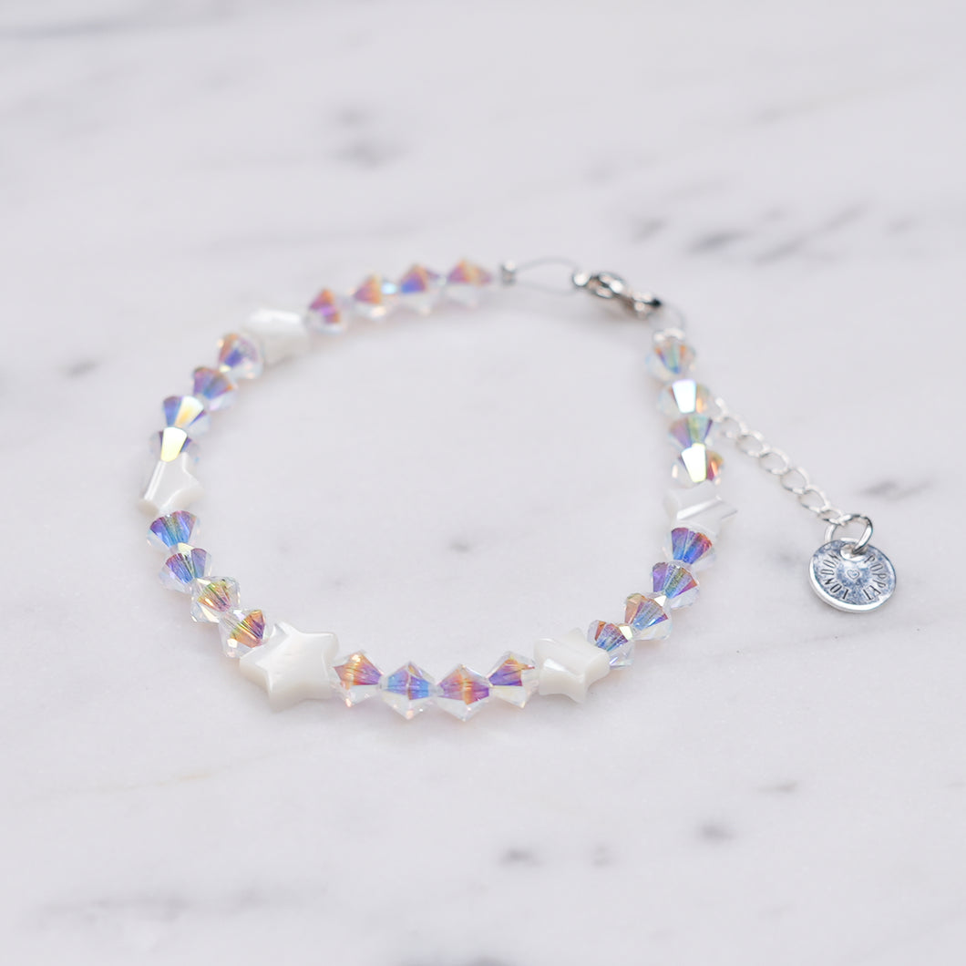 Swarovski Crystal AB XILION Crystal bicone And Mother Of Pearl Stars Bracelet silver on marble