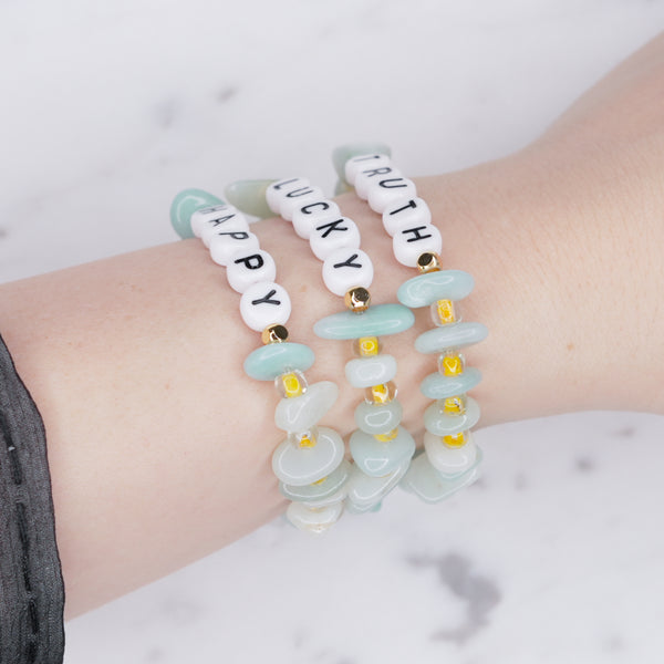 24K gold plated turquoise and yellow amazonite natural precious stone healing stone gold plated bracelet pearl shimmer black letter beads word on wrist