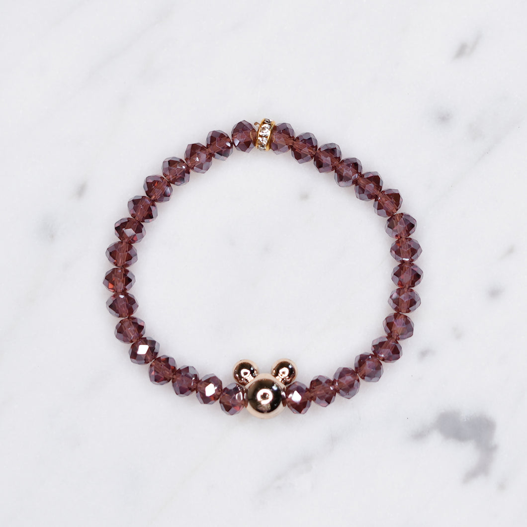 mauve dark ab shimmer rondelle crystal beads elastic stretch bracelet with mickey mouse plastic gold bead on marble