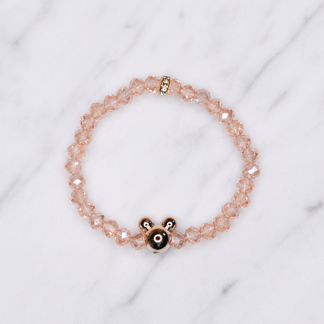 pink light ab shimmer rondelle crystal beads elastic stretch bracelet with mickey mouse plastic gold bead on marble